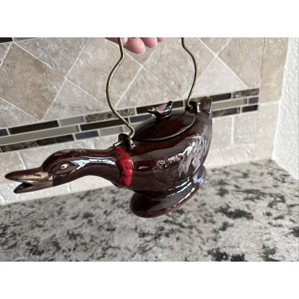 Vintage 1950's Redware Bird  Shaped Teapot with Metal Spirl Handle 10in Long